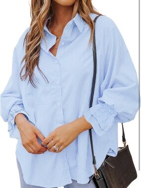 Light Blue Striped Women's Button-Up Shirt Smock Cuff Blouse Tunic Top Pockets S